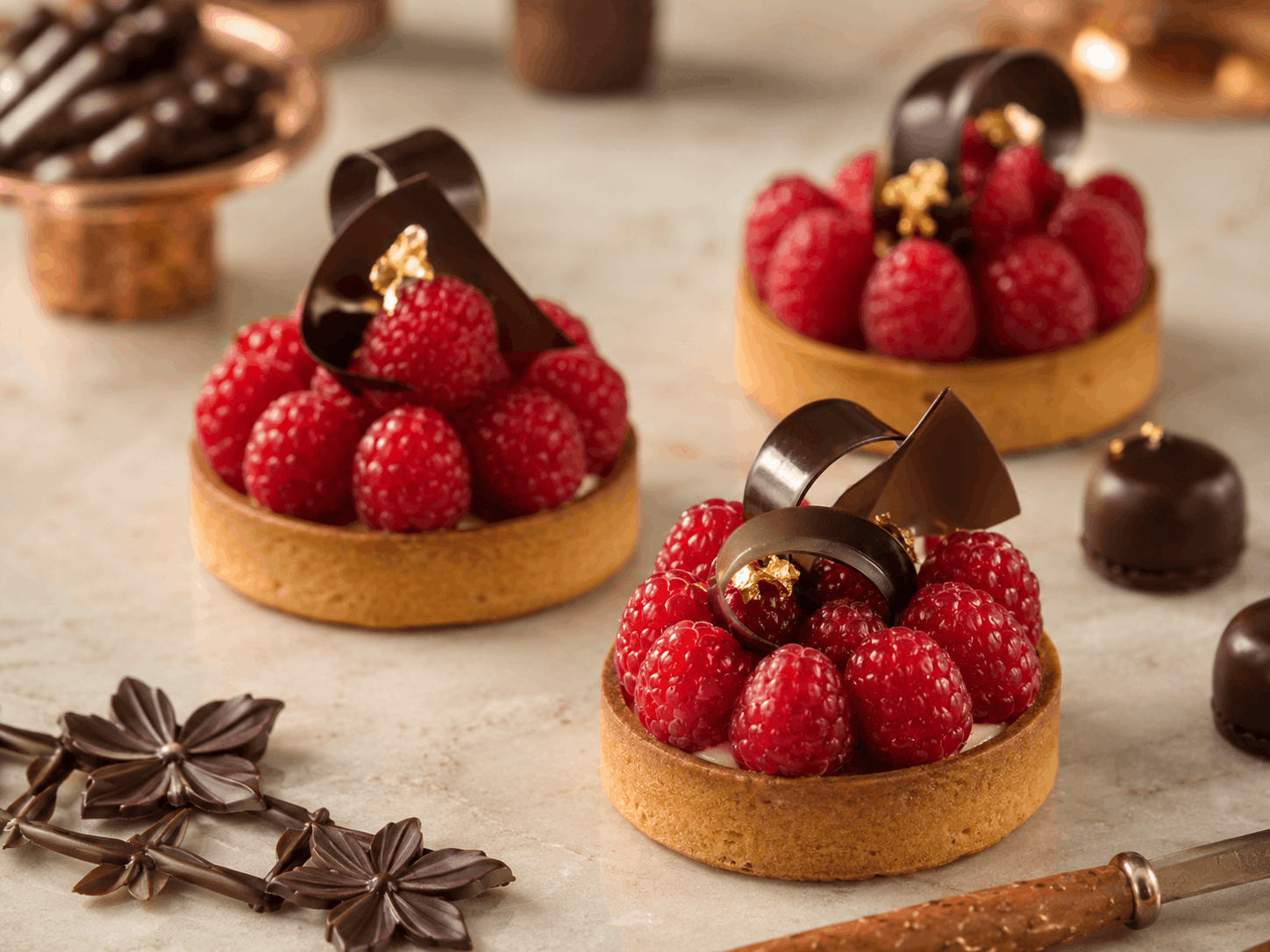 Feine Tartelettes mit Himbeeren und Schokoladendekor auf einem Arbeitstisch