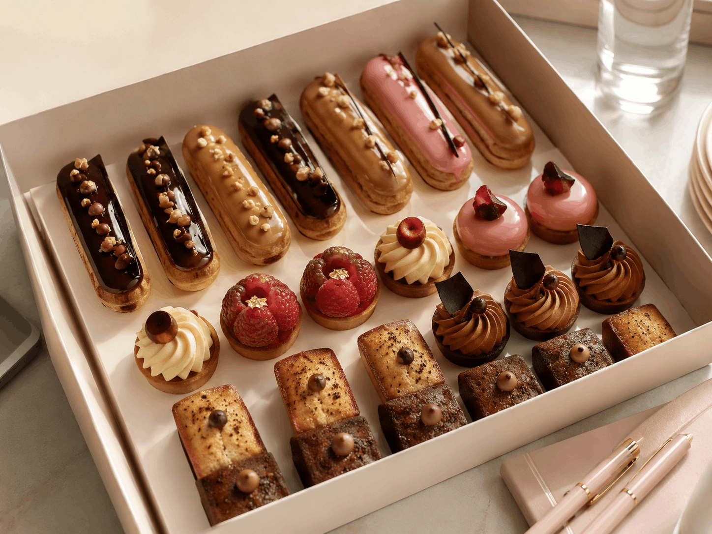 Elegante Dessertbox mit Petit-Fours und Tartelettes für ein Büromeeting