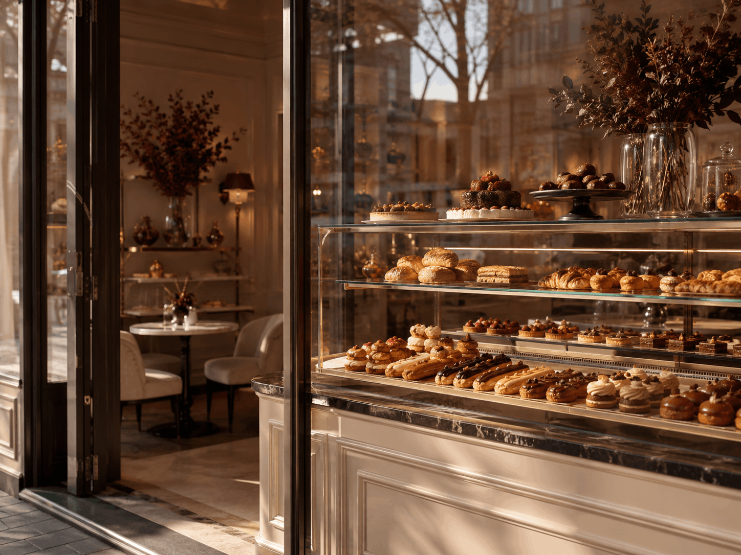 Warme Patisserie-Vitrine mit Törtchen, Croissants und kleinen Kuchen in Berlin